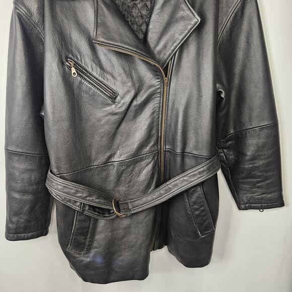Vtg 90s Tannery West Black Leather Jacket Mens Large Belted Coat Faux Fur Trim - Picture 3 of 14